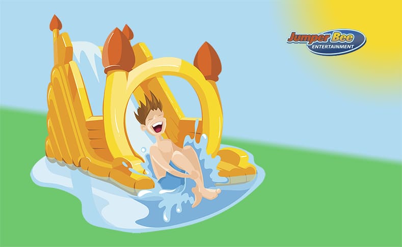 Cartoon of a child joyfully sliding down a large inflatable water slide with a splash, perfect for a summer Texas party. The slide is yellow with castle-like features, and the "Jumper Bee Entertainment" logo graces the top right corner.